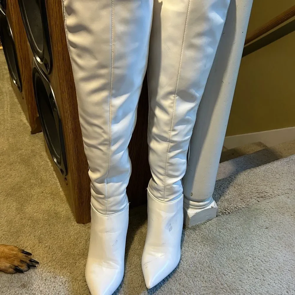 Wild Diva White Thigh-High Boots with Black Stripe